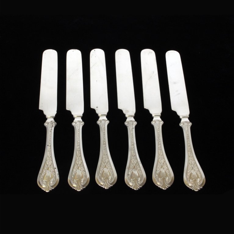 Set of 6 Sterling M.S. Smith & Co Knives: Est $ 300-400 Sterling set of 6 knives made by John Wendt, 1870, marked by M.S. Smith & Co. with the Florentine pattern. The knives are monogrammed with the letter B, and the reverse of the handle is 