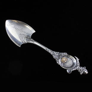 Deadwood Watson Sterling Souvenir Spoon: Est $ 50-90 Sterling souvenir spoon made by Watson & Newell Co. The spoon was molded into a gold mining motif of a shovel, a pan with gold in it and a gold minor with pick and shovel. The bowl of the