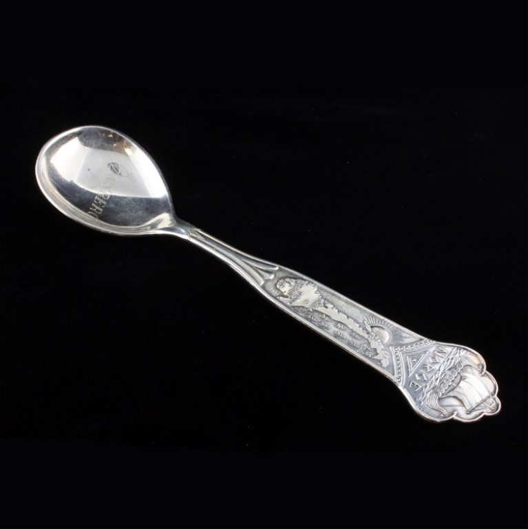 Norway Souvenir Spoon: Est $ 50-90 Silver plate Norway souvenir spoon depicting a Viking ship and Norway in low relief. The bowl is engraved Tonsberg and the reverse of the handle is marked 60 G.R. and H.S. The spoon measur