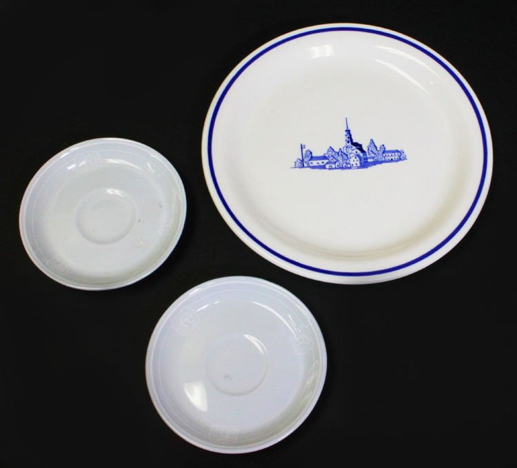3 Pcs. New Haven-Hartford Railroad China: Est. $125-$200 3 Pcs. New Haven-Hartford Railroad China. Old Saybrook pattern plate is 8.25 inch diameter and marked McNicol China h113. (2) Platinum blue pattern demitasse saucers, 4.5 inches each. M