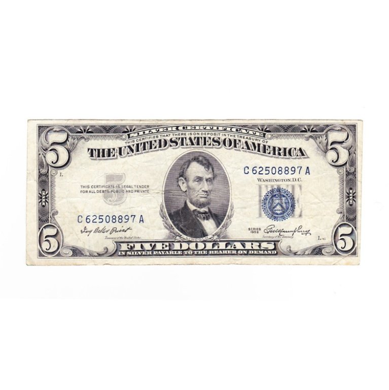 Blue Seal 5 Dollar Bill: Est. $20 - 30 Blue Seal 5 Dollar Bill Series 1953