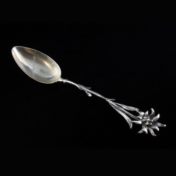 Silver Berchtesgaden Demitasse Spoon: Est $ 50-90 Silver spoon with a figural flower handle that has Berchtesgaden engraved on the bowl which is a municipality in the German Bavarian Alps. The spoon has no observed marks or maker marks an