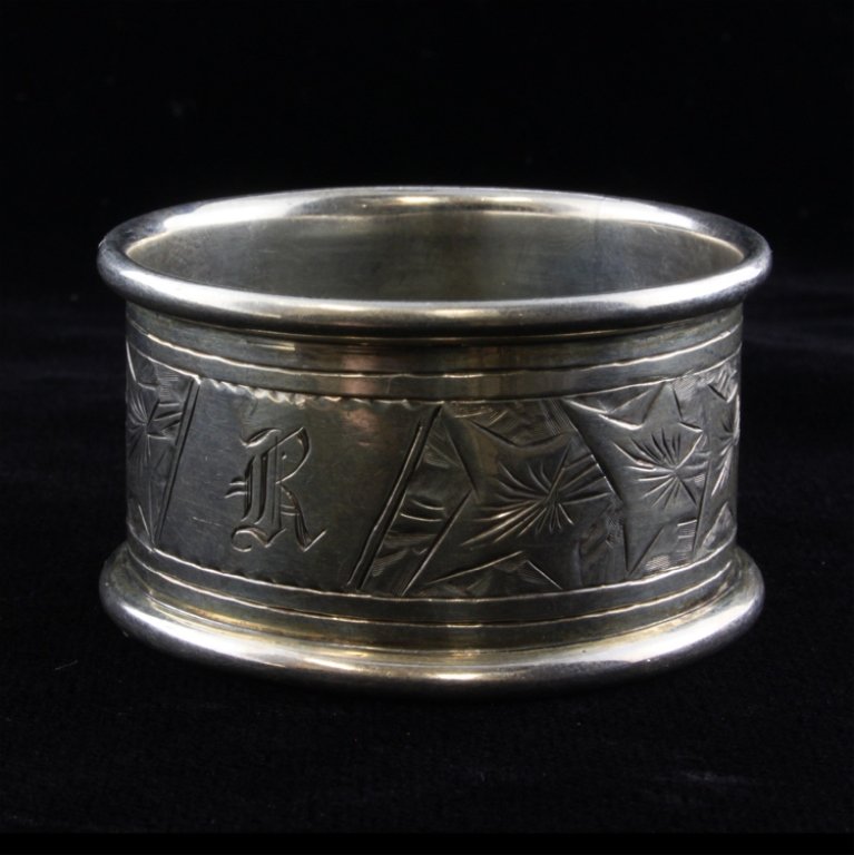 Robert Pringle & Sons Sterling Napkin Ring: Est $ 60-120 Sterling napkin ring made by the Robert Pringle & Sons from circa 1895. The ring is decorated with an etched ivy design and is monogrammed with the letter R. The diameter of the napkin ri
