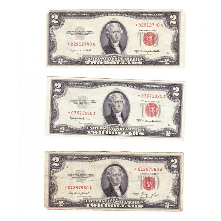 Lot of 3 Star Red Seal Two Dollar Bills: Est. $ 25 - 40 Lot of 3 Star Red Seal Two Dollar Bills Circulated