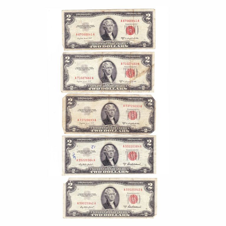 Lot of 5 Red Seal Two Dollar Bills: Est. $ 25 - 40 Lot of 5 Red Seal Two Dollar Bills Circulated
