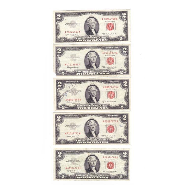Lot of 5 Red Seal Two Dollar Bills: Est. $ 25-50 Lot of 5 Red Seal Two Dollar Bills. Circulated