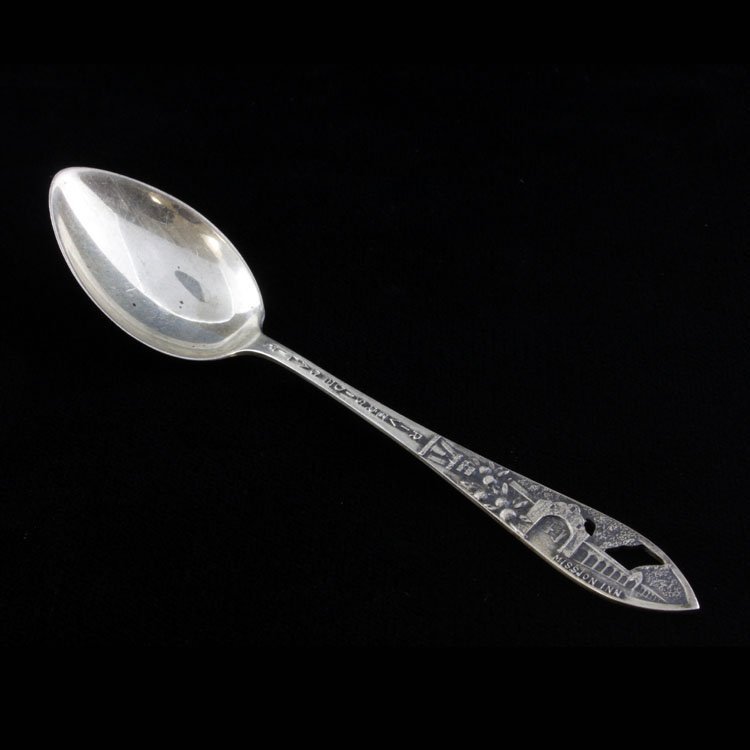 Sterling California Souvenir Spoon: Est $ 50-90 Sterling Riverside California souvenir spoon made by the Robbins Co. with a pierced scenic design. The spoon is marked sterling next to the makers mark and measures 4 1/8" long x 1" at the