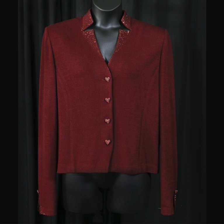 St. John Evening Jacket: Est. $ 60 - 100 St John Evening burgundy jacket with heart shaped buttons, size 16. 42" bust, 40" waist, 19.5" shoulder