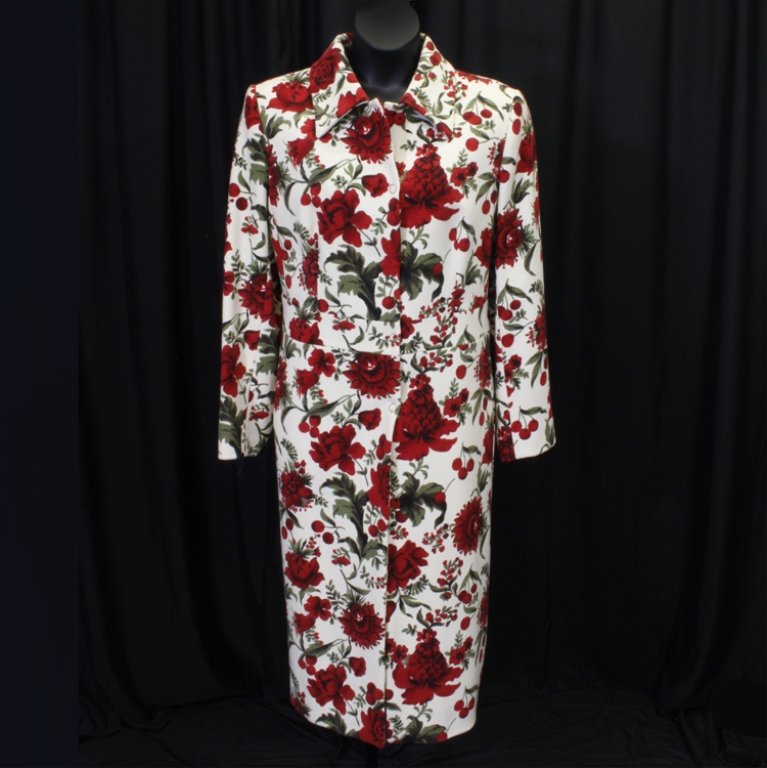 Escada Red & White Floral Coat: Est. $ 60 - 100 Escada size 46 long red and white floral coat. 44" bust, 18" shoulder and 47" length.