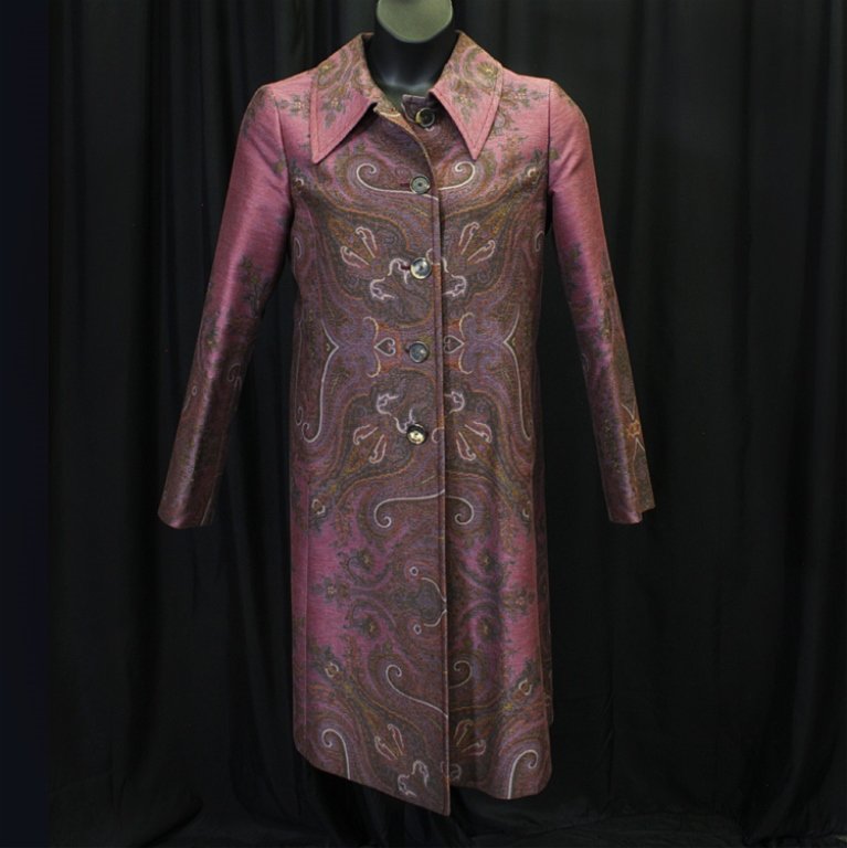 Etro Purple Coat: Est. $ 60 - 100 Etro Milano purple paisly coat. 42" bust, 44" waist and 17" in the shoulder shoulder.