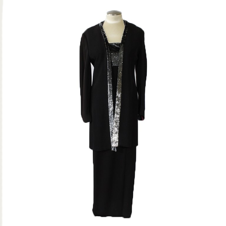 1920's Louis Feraud Dress: Est. $ 200 - 300 1920's black and silver dress with jacket made by Louis Feraud in West Germany. Jacket: 32 1/2" bust, 38" waist, 18" shoulder. Dress: 32" bust, 26" waist, 42" length
