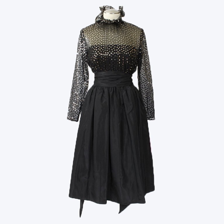 Vtg. Bill Blass Dress: Est. $ 200 - 300 Bill Blass 1970's black dress with tie, gold sequins a collar and sheer top. 36" bust, 27" waist and 26" long.