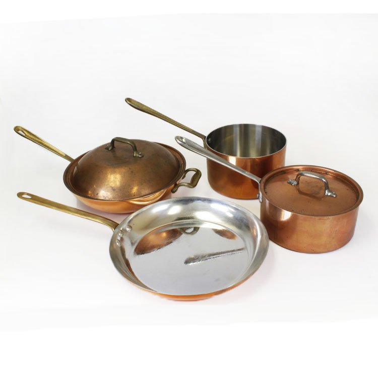 Set of 4 Copper Cookware: Est $ 400-600 Set of four Copper Cookware Including: (1) 12 ¼” French tin-lined copper skillet with brass handle, made in France. (1) 5” tall, 8” diameter 3 qt Cop R Chef saucepan, (1) 3 ¾” 