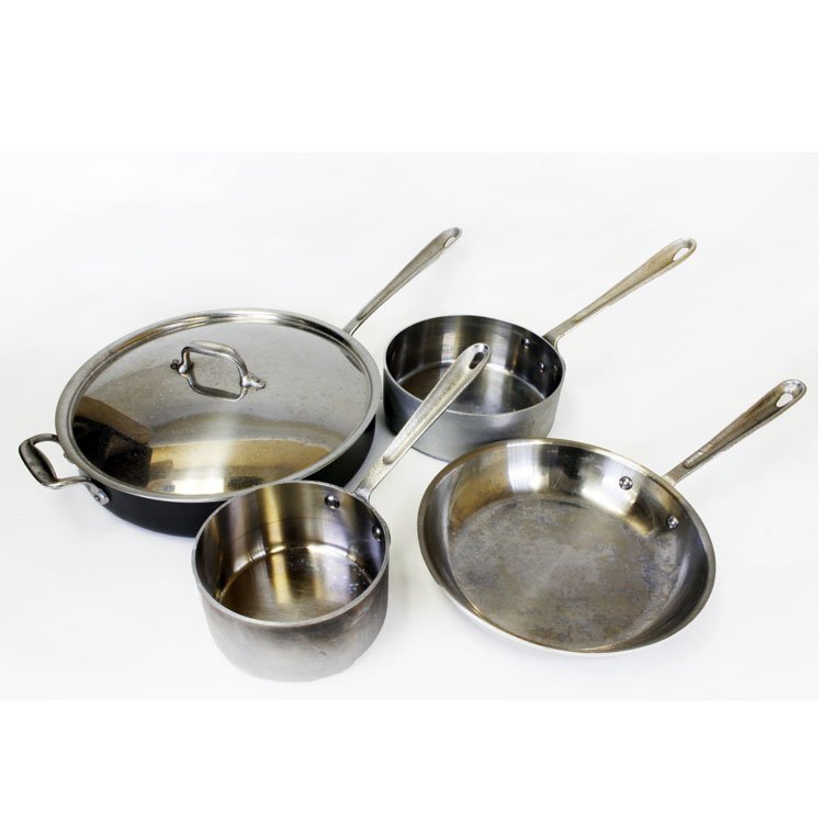 Set of 4 All Clad Cookware: Est $ 300-450 Set of four All Clad cookware including: (1) 13 ¾” diameter All Clad Sauté Pan, (1) 1.5 qt saucepan with no lid, (1) 10 ½” diameter fry pan and (1) 8” diameter 3” tall saucepa