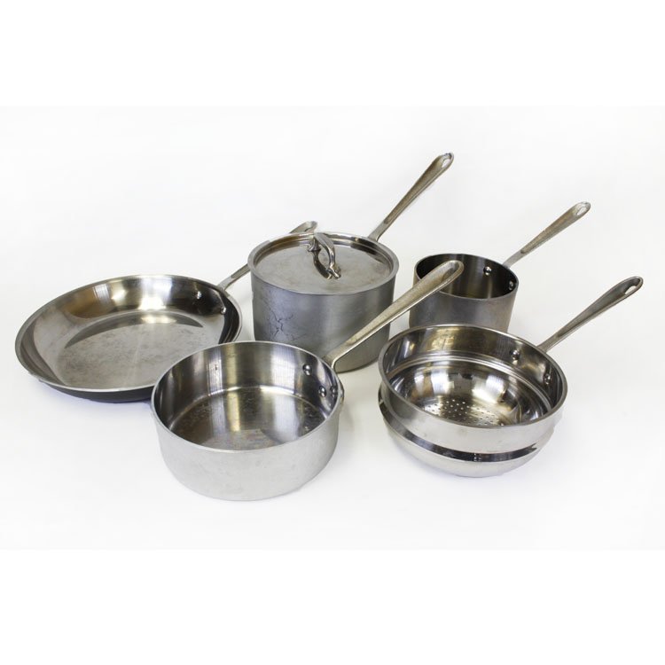 Set of 5 All Clad Cookware: Est $ 250-400 (1) 8 1/4" wide x 5" tall 3 qt All Clad Saucepan, (1) 8" wide x 3" tall 1.5 qt All Clad saucepan, (1) 6" wide x 4 1/4" 1.5 All Clad saucepan, (1) 12 1/4" X 2" tall All Clad Fry Pan, (1) 