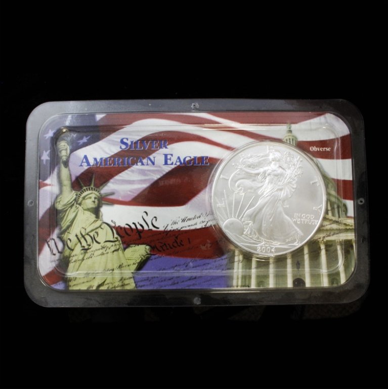 2004 American Eagle Silver Dollar: Est. $ 50 - 75 2004 American Eagle Silver Dollar Uncirculated in a decorative plastic case