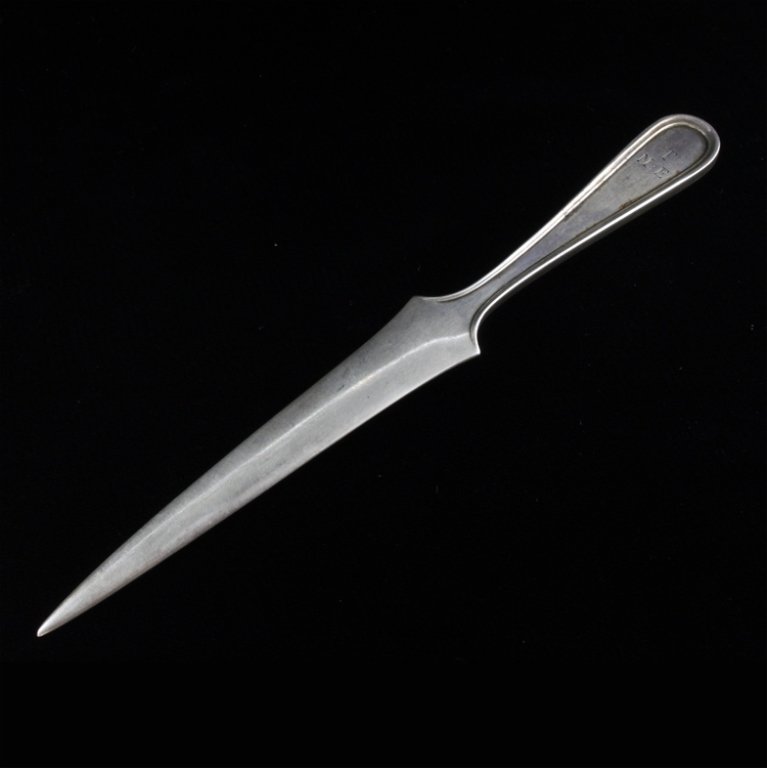 Sterling S. Kirk & Sons Calvert Letter Opener: Est $ 60-120 Letter Opener marked sterling, S. Kirk & Sons with the1927-1979 Calvert pattern. 5 7/8" long x 5/8" wide and weighs .69 ozt.