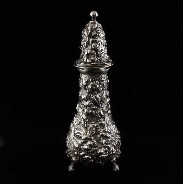 Sterling Stieff Rose Salt or Pepper Shaker: Est $ 90-140 Salt or Pepper shaker marked Stieff Sterling 0 and H81. The shaker has the 1892 Rose pattern and measures 4 1/2" tall x 2" at the widest point. 1.7 ozt.
