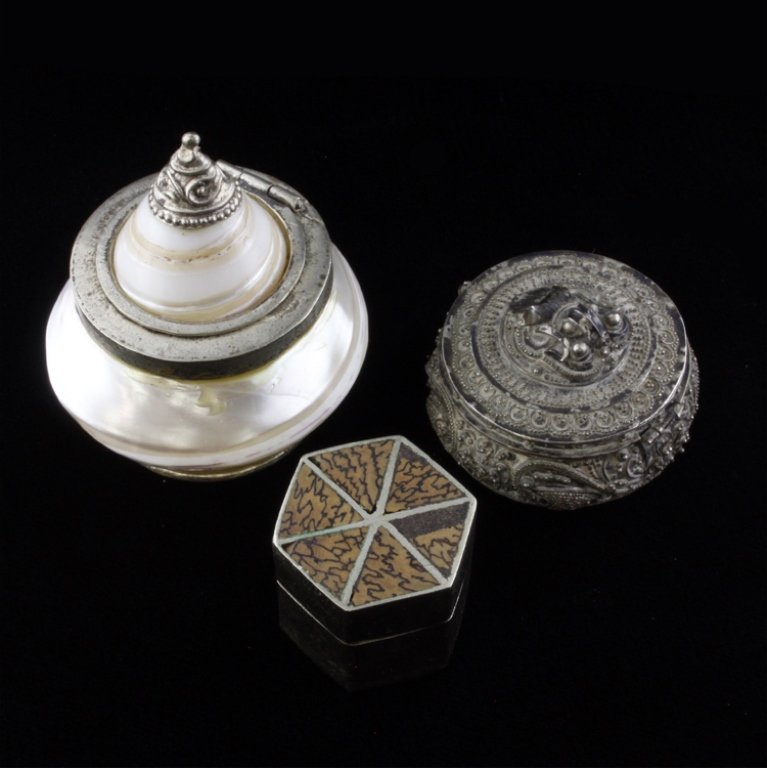 Set of Three Pill Boxes/ Containers: Est $ 60-120 Set of three pill boxes/ containers. 1) Pearlized river shell and silver cointainer with extra epoxy along the rim. 1 1/2" d x 2" t 2) Hexagonal container with a champleve lid, has a smal
