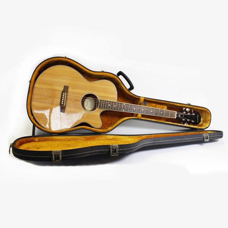Epiphone Electric Acoustic Guitar: Est. $ 200-300. Epiphone Electric Acoustic Guitar. Model PR-4E. Serial T07092925. Cut away body design. Spruce top with mahogany body and neck. Rosewood fingerboard. 3 Band preamp with active EQ and p