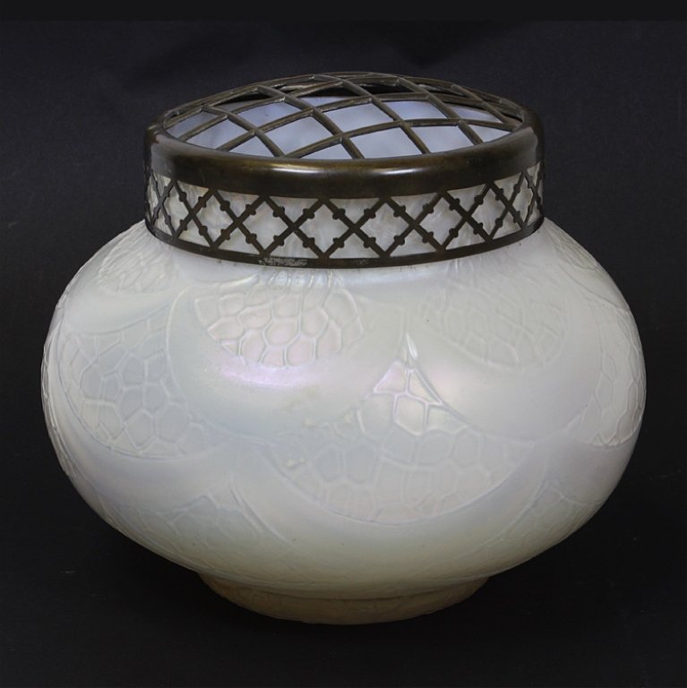 Loetz Style Art Glass Flower Frog Vase: Est $ 150-300 Loetz style iridescent art glass, flower frog vase. The vase is unsigned and measures 6 1/4" tall. Third party shipping.