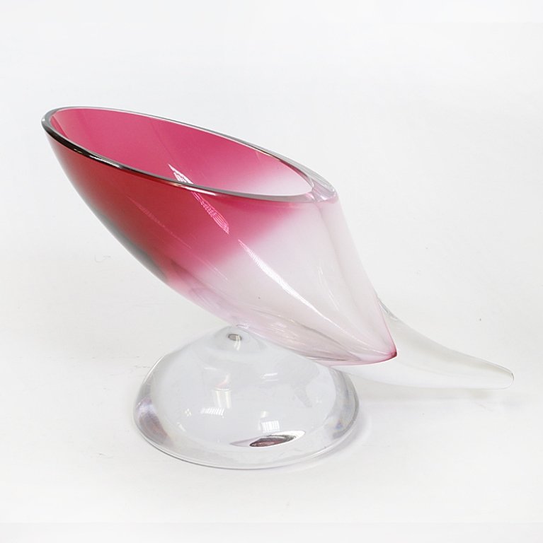 Val St. Lambert Cornucopia Vase: Est $ 100-200 Cornucopia ruby cut to clear vase signed by Val St. Lambert underneath. It measures 10" wide x 5 1/2" tall.Third party shipping.
