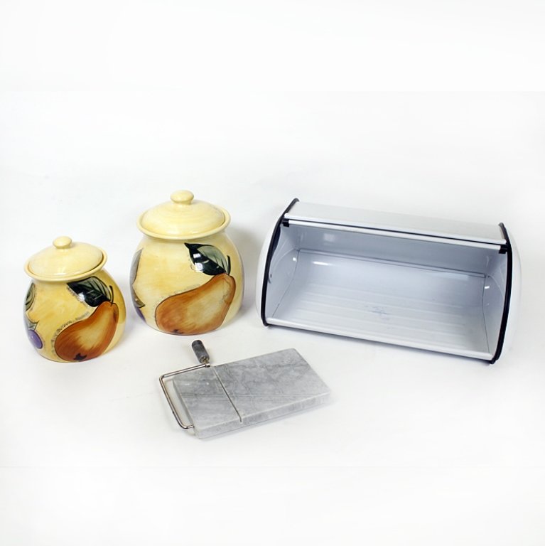 Vintage Set of Kitchen Items: Est $ 100-200 Vintage set of kitchen items including: 2) A set of two Verdona canisters with a fruit with a fruit motif of apples, grapes and a pear. One is 9" tall and the other is 10 1/2". 1) A grey