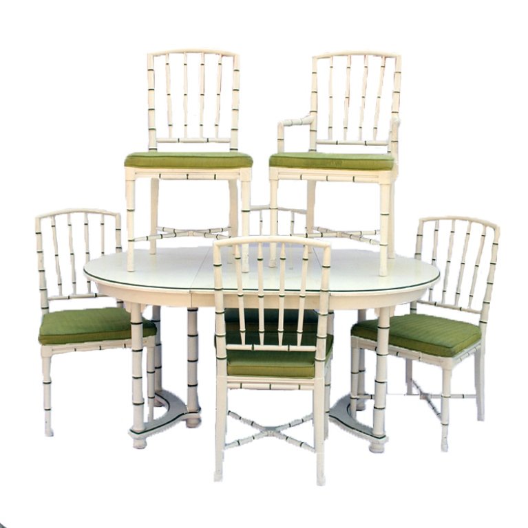 Vintage Drexel Heritage Table w/ 6 Matching Chairs: Est $ 200-350 Vintage faux bamboo white and pear green table that comes with three extra leaves and six matching chairs by Drexel Heritage Furnishings. The set has condition isuues included loss to fi
