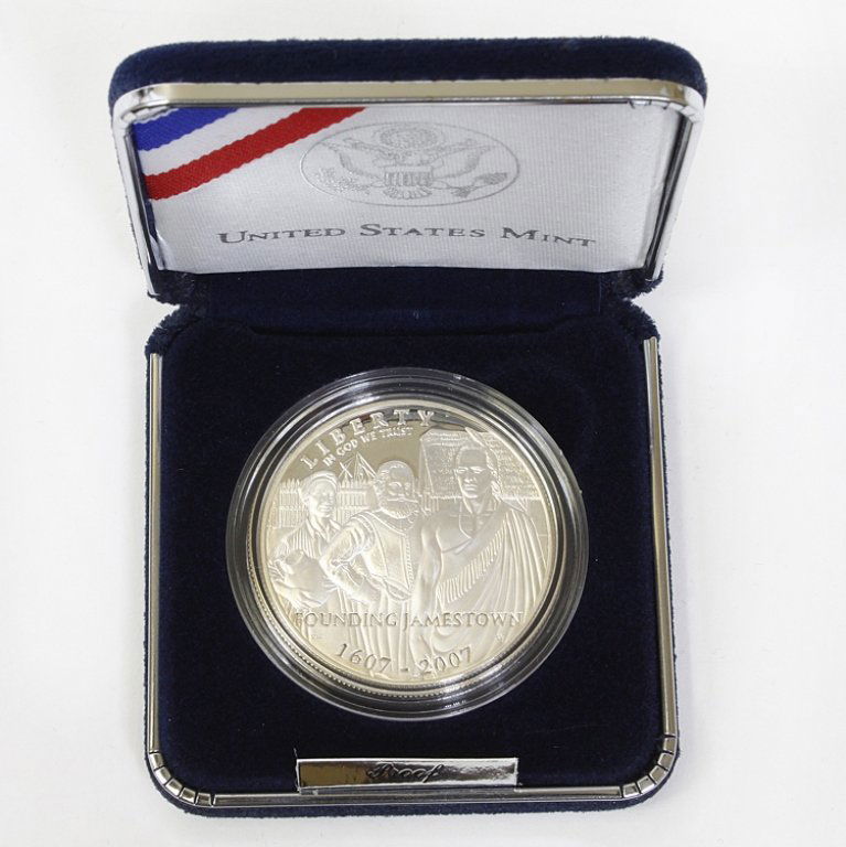 2007 Jamestown 400th Anniversary Proof Silver Doll: Est. $50 - 80 2007 Jamestown 400th Anniversary Proof Silver Dollar. Commemorative coin with original box and COA.