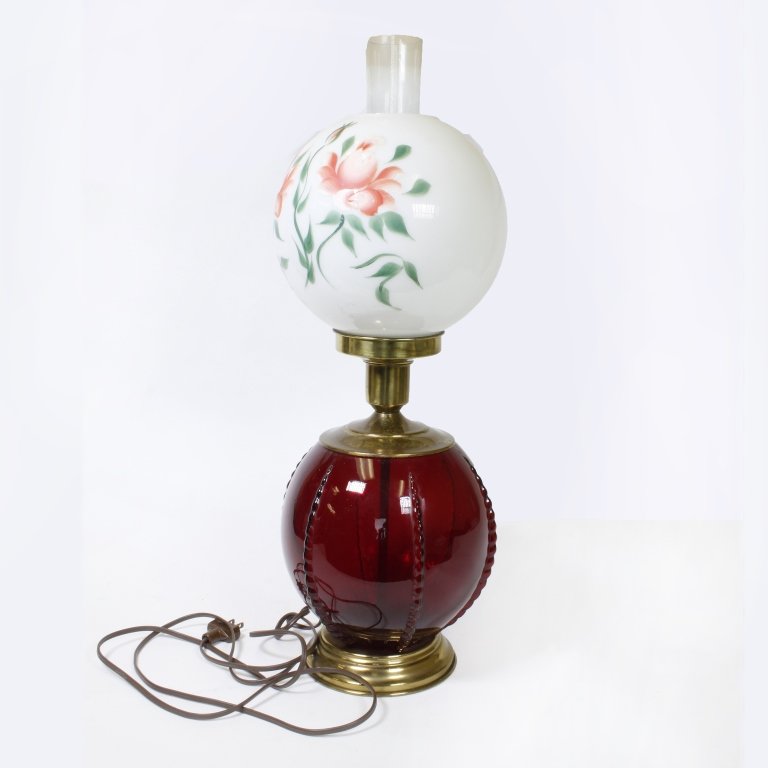 Large Vintage Hand Painted Glass Lamp: Est. $150 - 250 Large Vintage Hand Painted Glass Lamp. Large hand painted glass vase with two glass balls, the top ball is hand painted and open with a glass cylinder. There is loss to the paint, the 