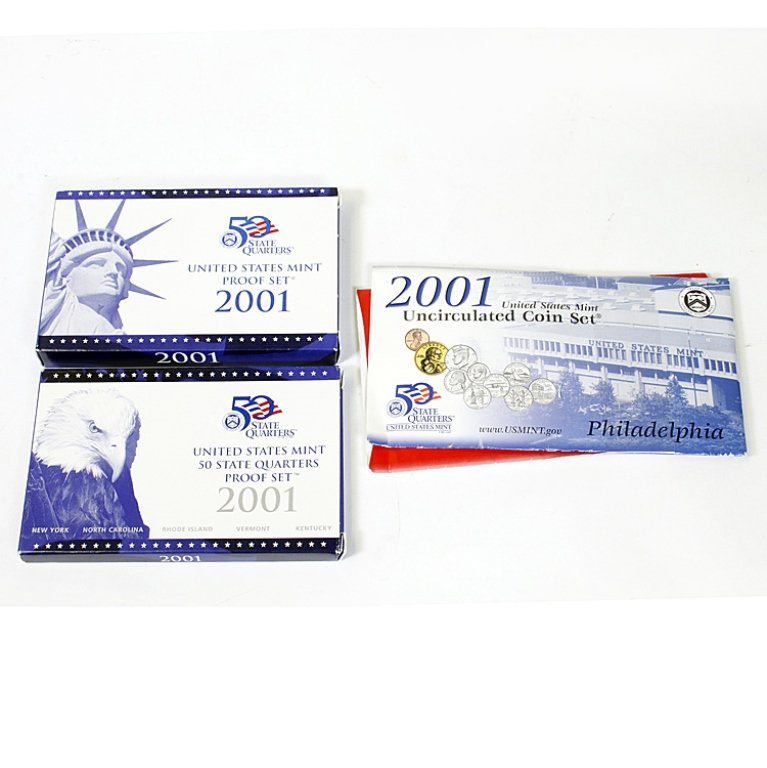 2001 US Mint Proof Sets: Est. $40 - 50 2001 US Mint Proof Sets. Including US Mint Denver/ Philadelphia Proof Sets, 50 State Quarter proof set and US Mint Proof Set.