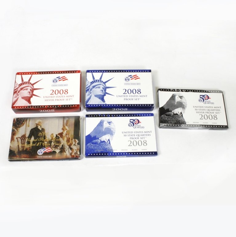 2008 US Mint Proof Sets: Est. $100 - 150 2008 US Mint Sets. Including: Silver proof set, US Presidential $1 Coin Proof Set, 50 State Quarter Silver Proof Set, US Mint Proof Set and US Mint State Quarter Proof Set