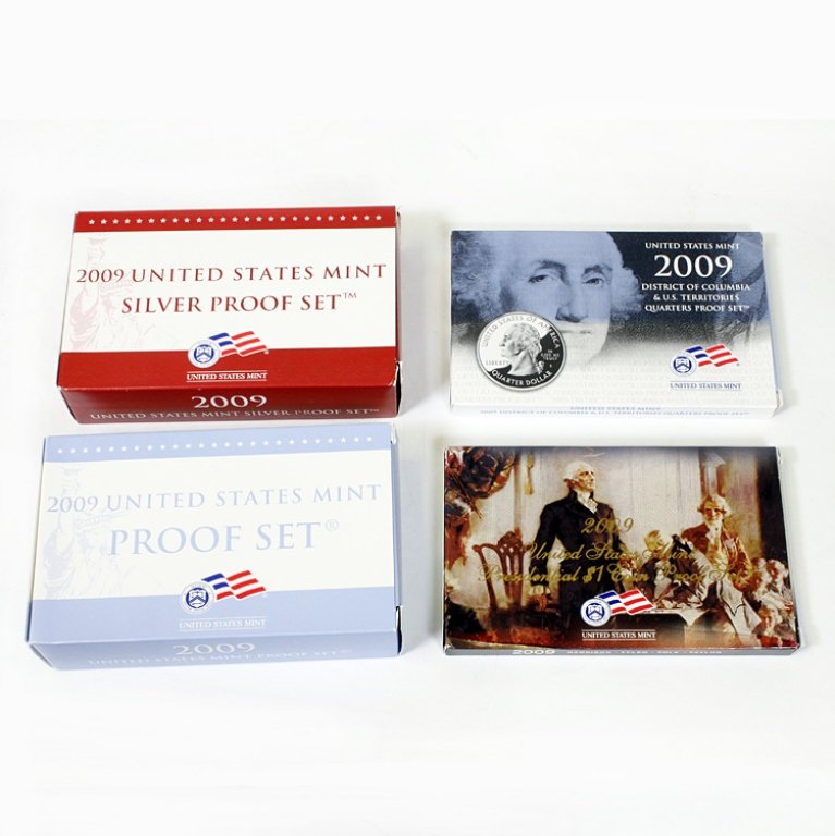 2009 US Mint Sets: Est. $100 - 150 2009 US Mint Sets. Including: US Mint Silver Proof Set, 2009 Mint Proof Set, US District of Columbia & US Territories Quarter Proof Set and $1 Presidential Coin Proof Set.