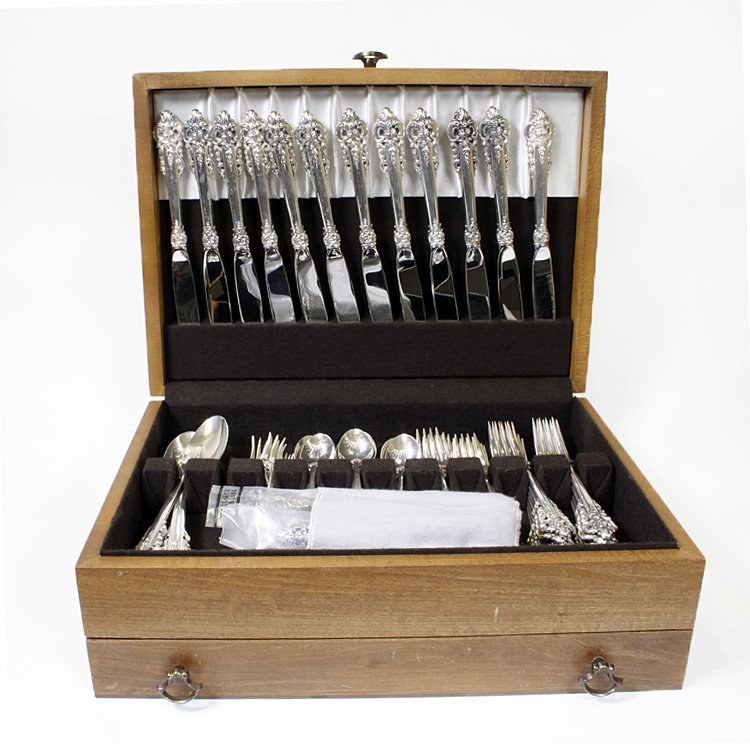 99 Pc. Wallace Grande Baroque Sterling Flatware: Est. $ 5000 - 6000 99 Pc. Wallace Grande Baroque Sterling Flatware Set. The Grande Baroque pattern introduced in 1941 is one of the most famous in the Three Dimension design group. Most of these piece