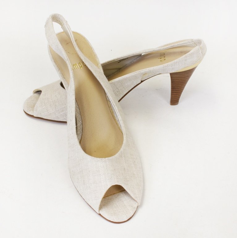 Impo Tan Peep Toe Heels: Est. $ 100 - 200 Tan peep toe heels with gold accents and a brown heel made by Impo. 3" tall heels.