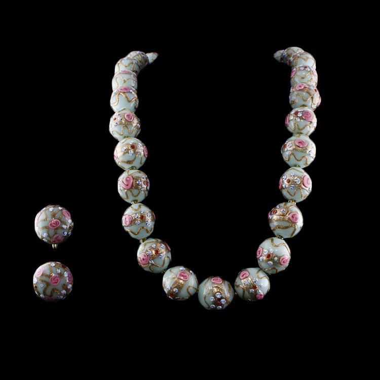 Vtg. Hand Painted Bead Necklace & Earring Set: Est. $40 - 60 Vtg. Hand Painted Bead Necklace & Earring Set. Screwback earrings 3/4 inch diameter. Necklace is 24 3/4 inches long. Unmarked