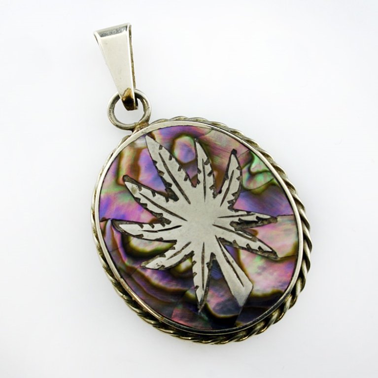 Abalone & Hemp Theme Pendant: Est. $20 - 30 Abalone & Hemp Theme Pendant. Weighs 7.0 grams. Approx. 2 inches tall. Marked Mexico.