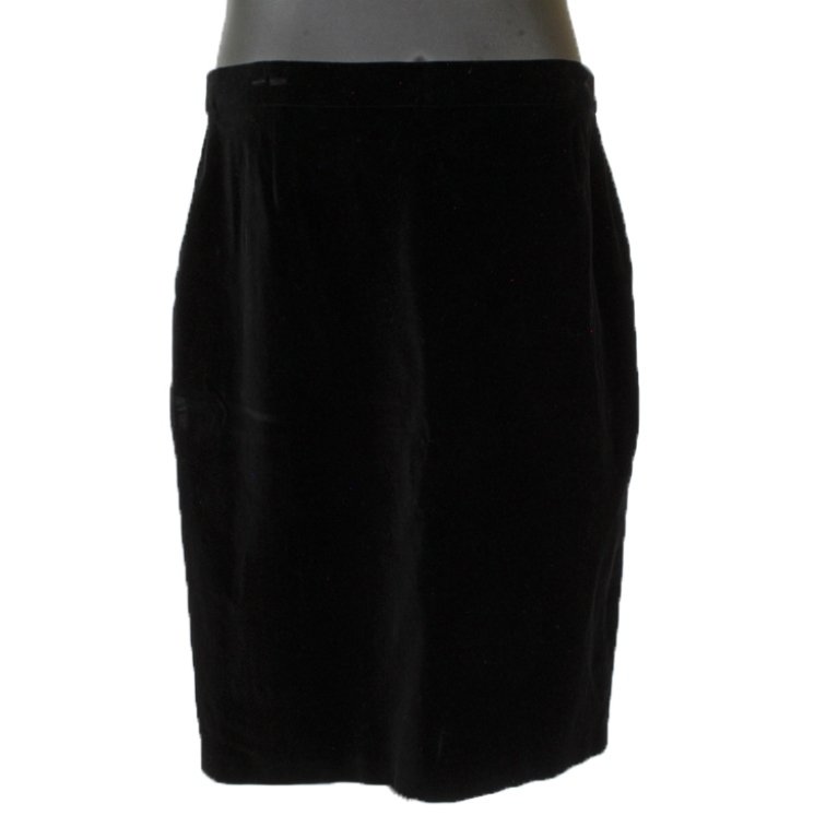 Escada Margaretha Ley Black Velvet Skirt: Est. $ 80 - 160 Escada Margaretha Ley Black Velvet Skirt. made in Switzerland. Size 44, 32” in the waist, 40” in the hips and 26” long.