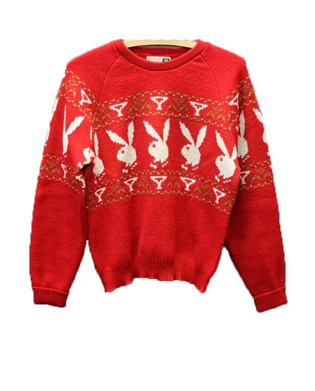 Vintage Playmate Playboy Sweater: Est. $ 125 - 200 Vintage Playmate Playboy Sweater. Produced by Playmate brand. Purchased from Dallas, TX Playboy Club. Size Large. Bunny and Martini theme with green accents. All wool.
