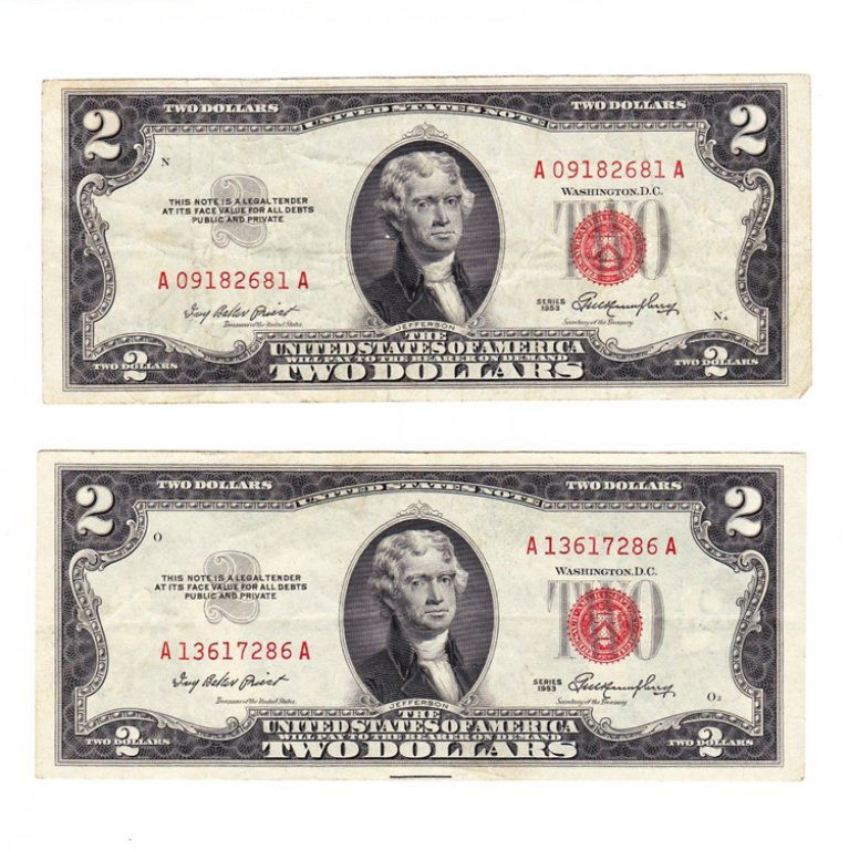Lot of Two Red Seal Two Dollar Bills: Est. $10 - 20 Lot of Two Red Seal Two Dollar Bills.