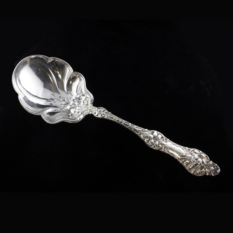 Alvin Sterling Old Orange Blossom Casserole Spoon: Est. $140 - 210 Alvin Sterling Old Orange Blossom Casserole Spoon. Weighs 3.93 ozt. Floral Bowl with monogram. Measures 9.25 inches.