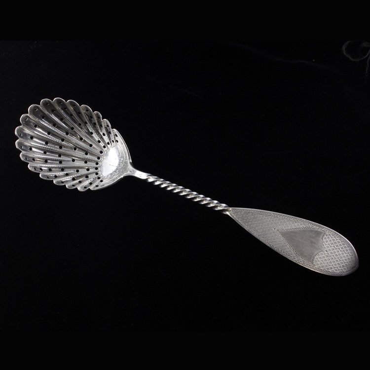 George Sharp Sugar Sifter: Est. $100 - 150 George Sharp Sugar Sifter. Made for Bailey and Company of Philadelphia Weighs 1.12 ozt. Twist handle. Engraved gold washbowl. Measures 7.25 inches.