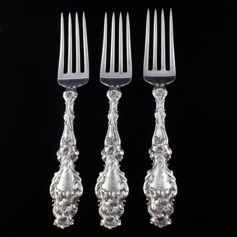Sterling Whiting Lily Three Lunch Forks: Est. $160 - 240 Sterling Whiting Lily Three Lunch Forks . Weighs 4.45 ozt. Gothic K monogram. Measures 6.75 inches.
