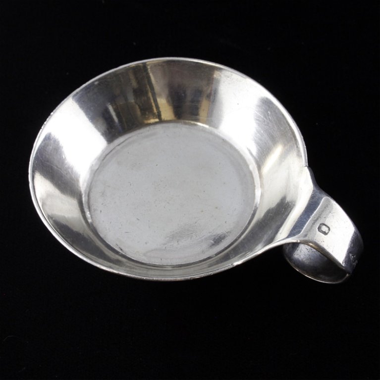 French Wine Tasting Cup: Est. $60 - 90 French Wine Tasting Cup. Weighs 1.8 ozt. French mark, Unknown maker. Measures 2.5x3.5x.50 inches.