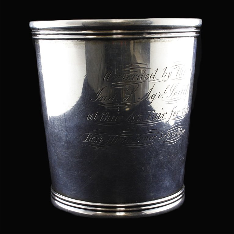 E & D Kinsey Coin Silver Julip Cup: Est. $450 - 675 E & D Kinsey Coin Silver Julip Cup. Weighs 5.11 ozt. Special dedication from Indiana Ag. Society for best horsepower separator (farm implement). Measures 3.5 inches.