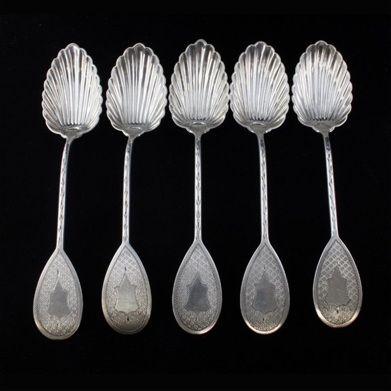 Five George Sharp Figural Leaf Ice Cream Spoons: Est. $100 - 150 Five George Sharp Figural Leaf Ice Cream or Sherbet Spoons. Weighs 2.56 ozt. American Coin Silver by George Sharp for Bailey. Measures 5.5 inches.