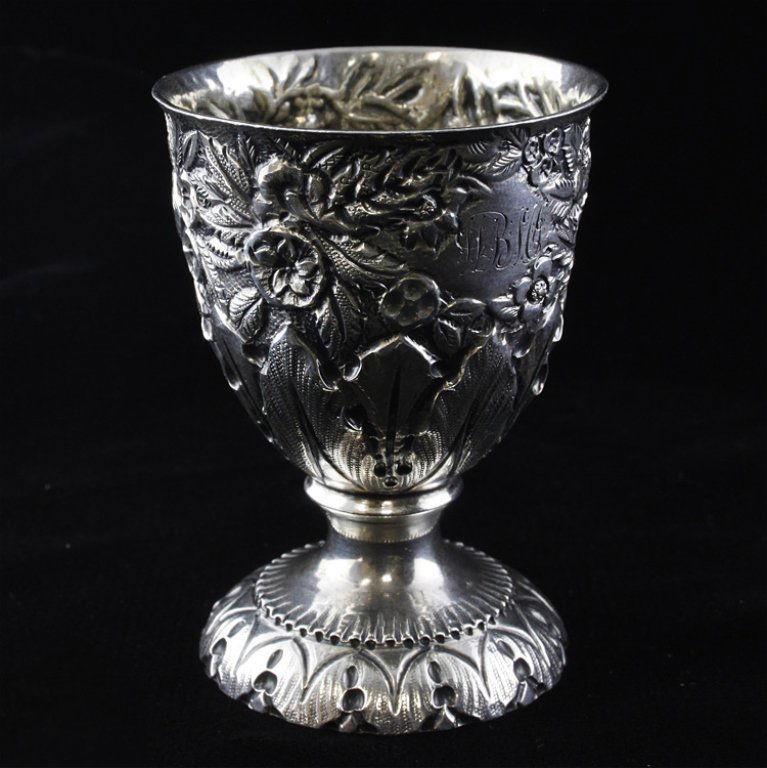 Jacobi and Jenkins Sterling Silver Repousse Egg Cup: Est. $240 - 360 Jacobi and Jenkins Sterling Silver Repousse Egg Cup . Weighs 1.91 ozt. American silver repousse egg cup by Jacobi and Jenkins decorated with acanthus leaves and flowers. Measures 2.5 x