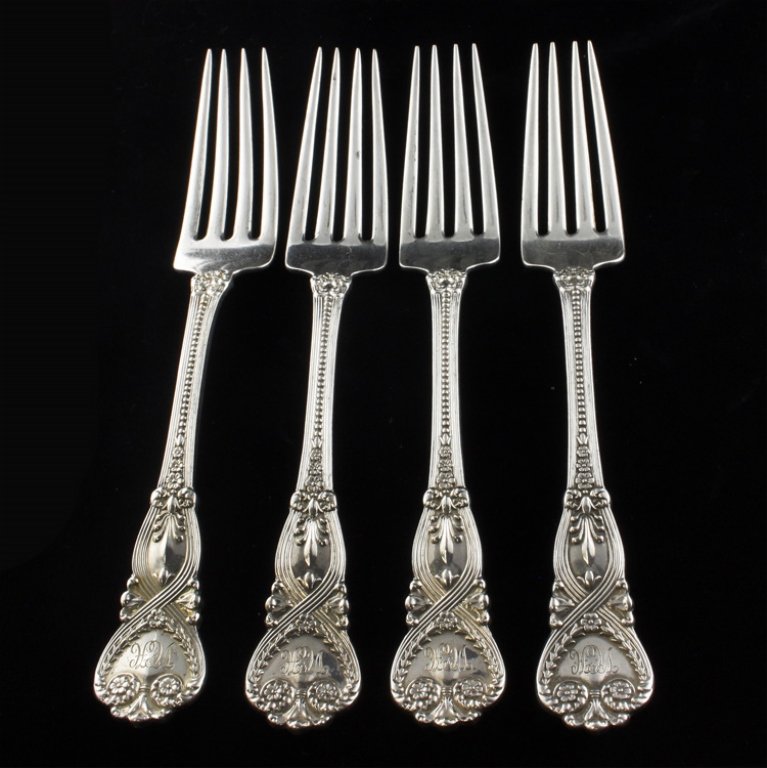 Tiffany St. James 4 Sterling Lunch Forks: Est. $360 - 540 Tiffany St. James 4 Sterling Lunch Forks. Weighs 7.58 ozt. St. James four lunch forks, matching monograms. Measures 6.75 inches long.