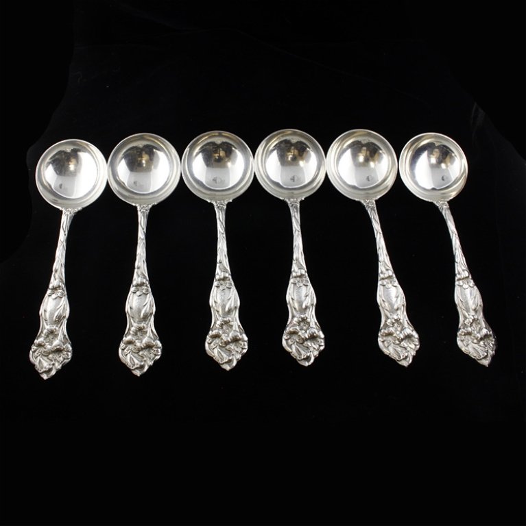 Six Watson Lily Sterling Bullion Spoons: Est. $260 - 390 Six Watson Lily Sterling Bullion Spoons. Weighs 6.84 ozt. Lily pattern six bouillon spoons. Measures 5.25 inches.