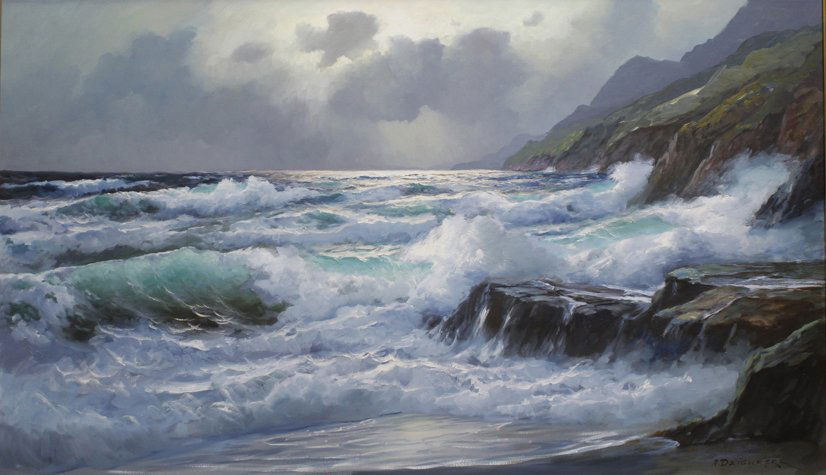 Alexander Dzigurski (Yugoslavian/American 1911-1995): Oceanscape by Alexander Dzigurski. Oil on canvas. Titled "Santa Lucia Coast". 32"x52".